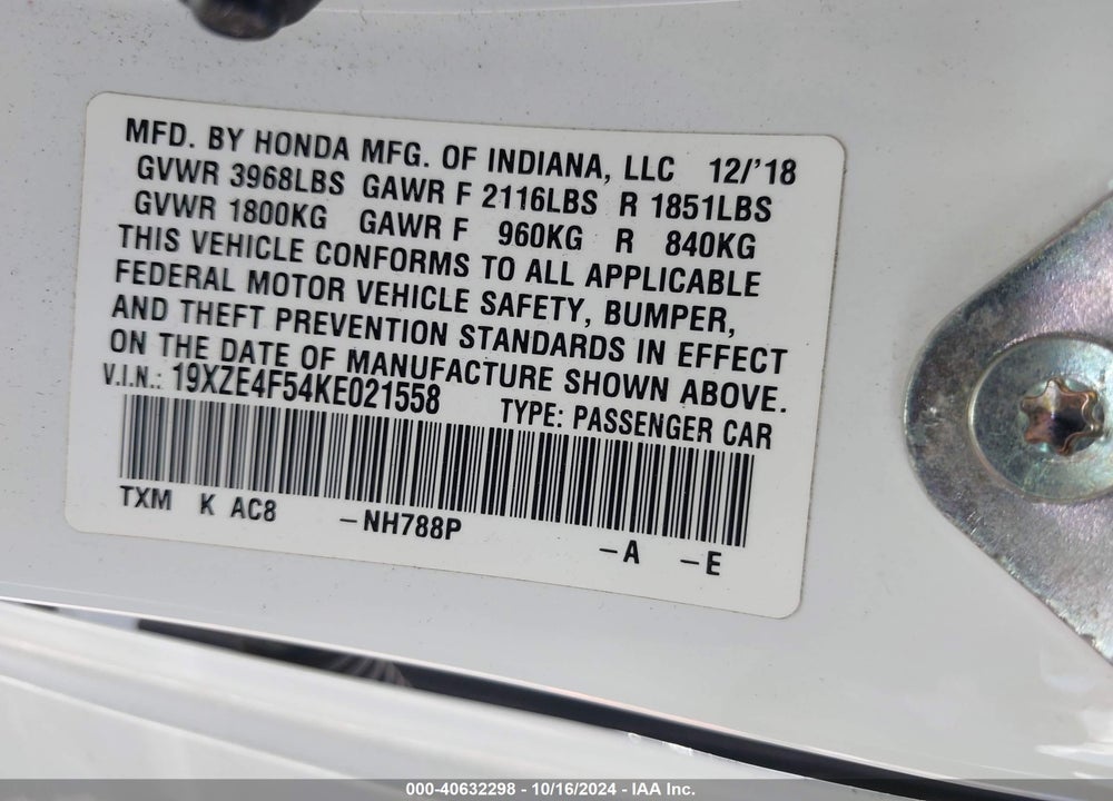 2019 HONDA INSIGHT EX VIN: 19XZE4F54KE021558
