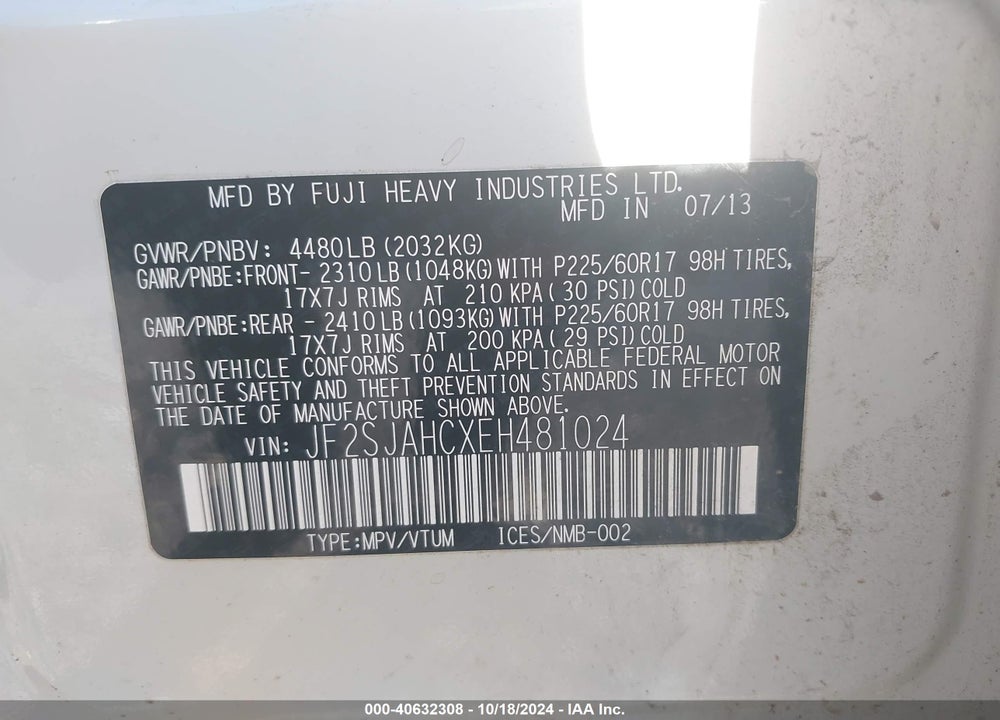 2014 SUBARU FORESTER 2.5I LIMITED VIN: JF2SJAHCXEH481024