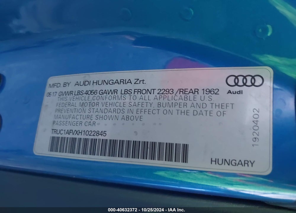 2017 AUDI TTS 2.0T VIN: TRUC1AFVXH1022845