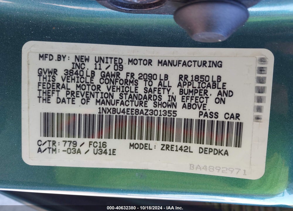 2010 TOYOTA COROLLA LE VIN: 1NXBU4EE8AZ301355