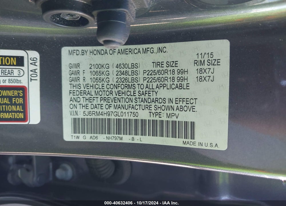 2016 HONDA CR-V TOURING VIN: 5J6RM4H97GL011750