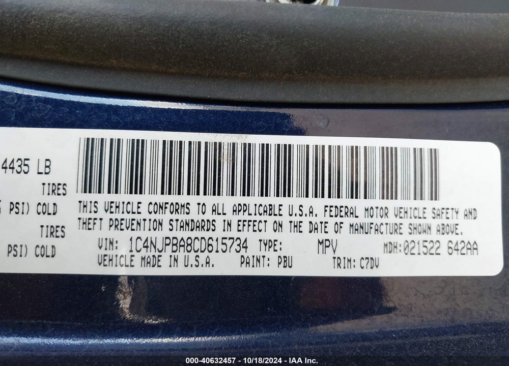 2012 JEEP PATRIOT SPORT VIN: 1C4NJPBA8CD615734