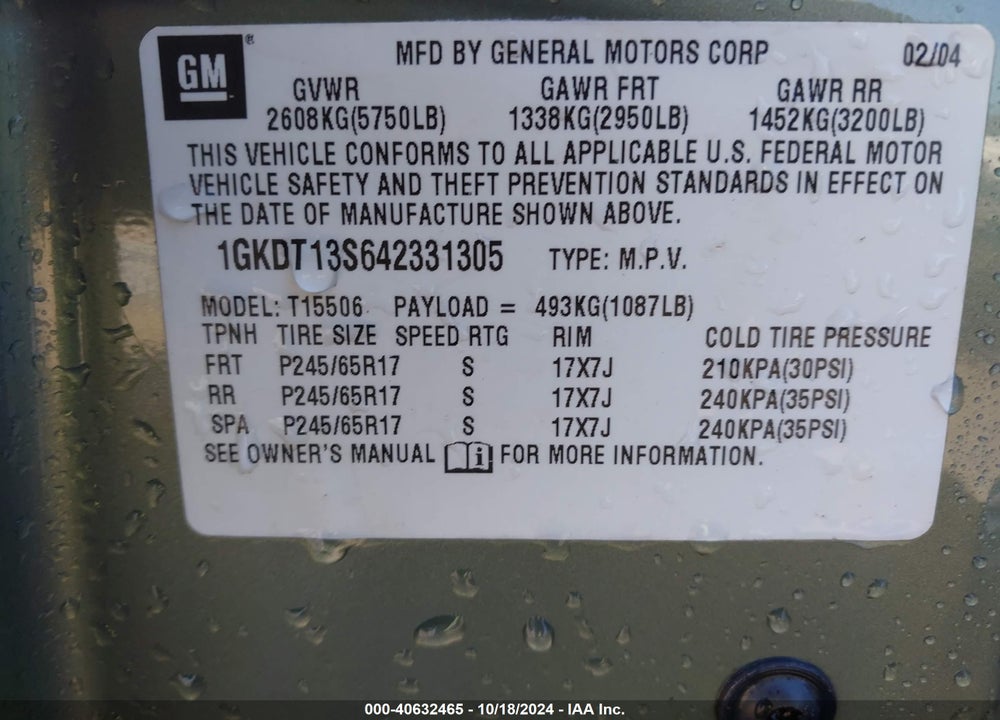 2004 GMC ENVOY SLE VIN: 1GKDT13S642331305