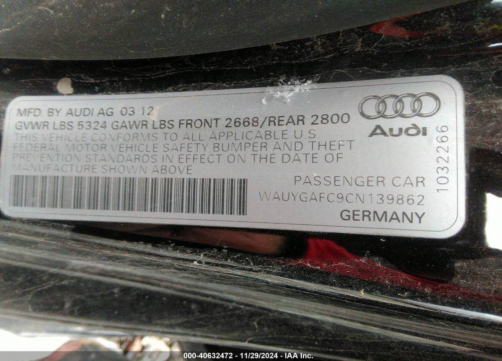 2012 AUDI A7 PREMIUM VIN: WAUYGAFC9CN139862
