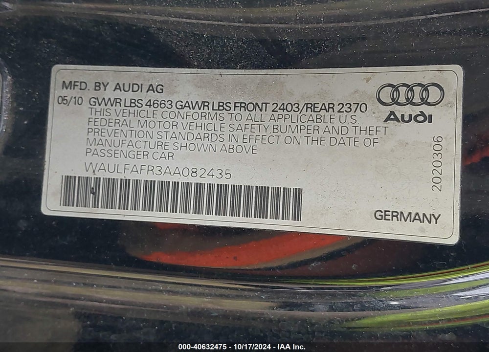 2010 AUDI A5 2.0T PREMIUM VIN: WAULFAFR3AA082435