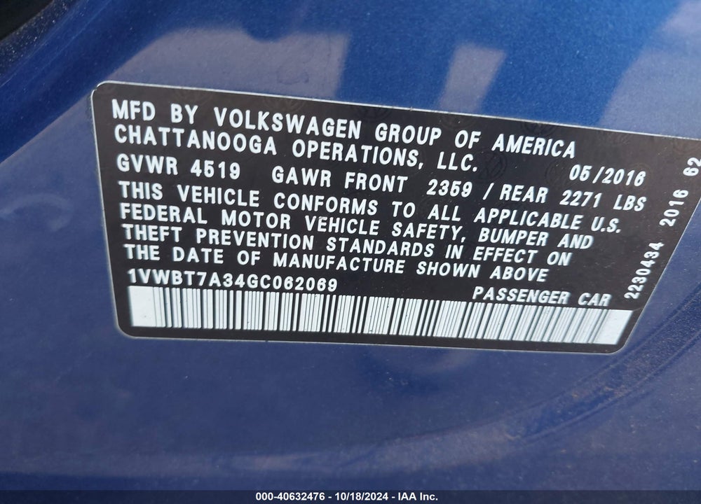 2016 VOLKSWAGEN PASSAT 1.8T SE VIN: 1VWBT7A34GC062069