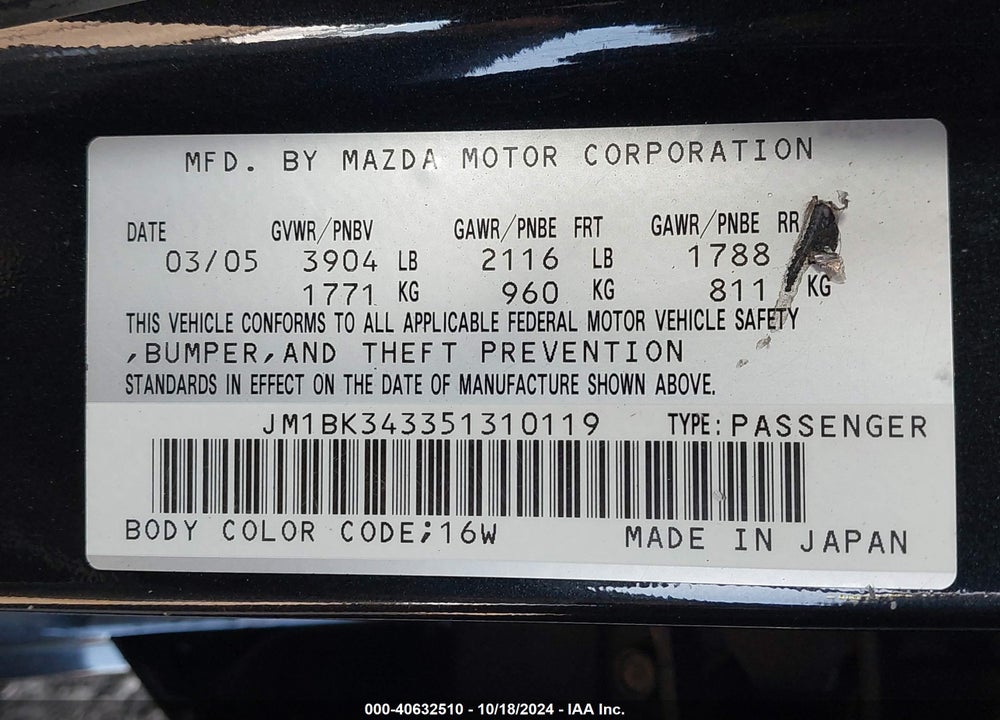 2005 MAZDA 3 S VIN: JM1BK343351310119