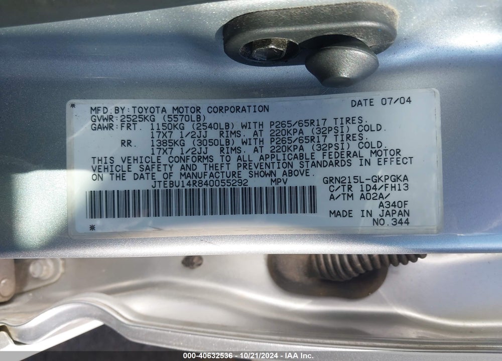 2004 TOYOTA 4RUNNER SR5 SPORT V6 VIN: JTEBU14R840055292