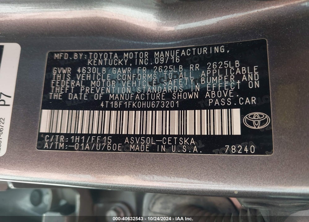 2017 TOYOTA CAMRY SE VIN: 4T1BF1FK0HU673201