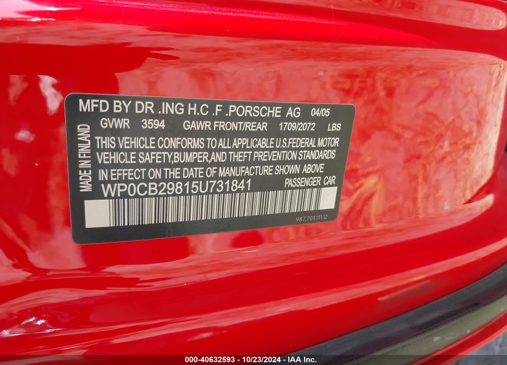 2005 PORSCHE BOXSTER S VIN: WP0CB29815U731841