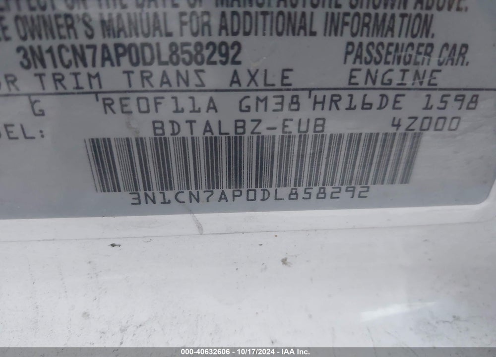 2013 NISSAN VERSA 1.6 SV VIN: 3N1CN7AP0DL858292