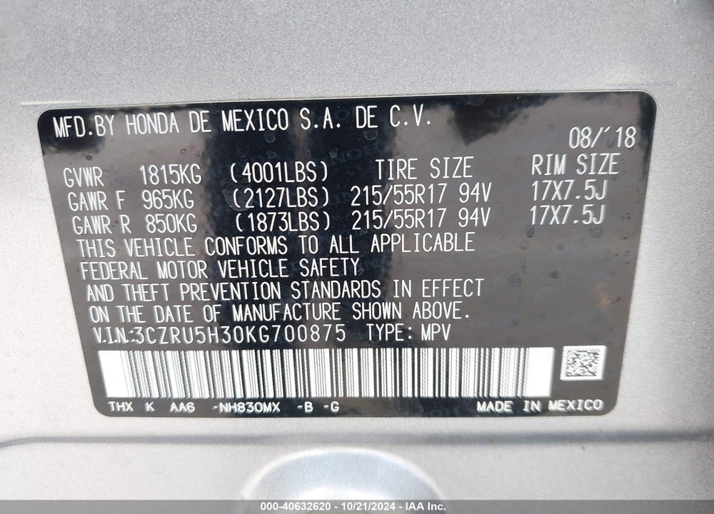 2019 HONDA HR-V VIN: 3CZRU5H30KG700875
