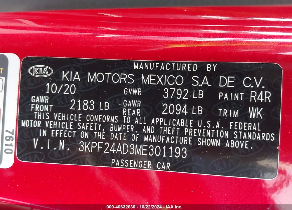 2021 KIA FORTE LXS VIN: 3KPF24AD3ME301193