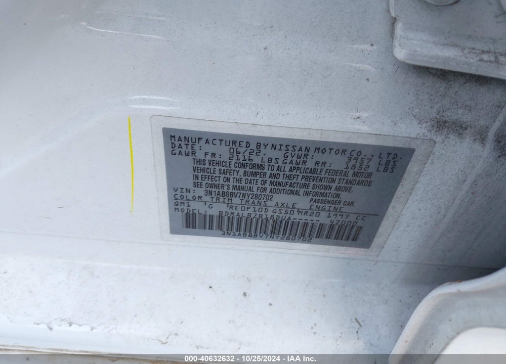 2022 NISSAN SENTRA S XTRONIC CVT VIN: 3N1AB8BV7NY280702