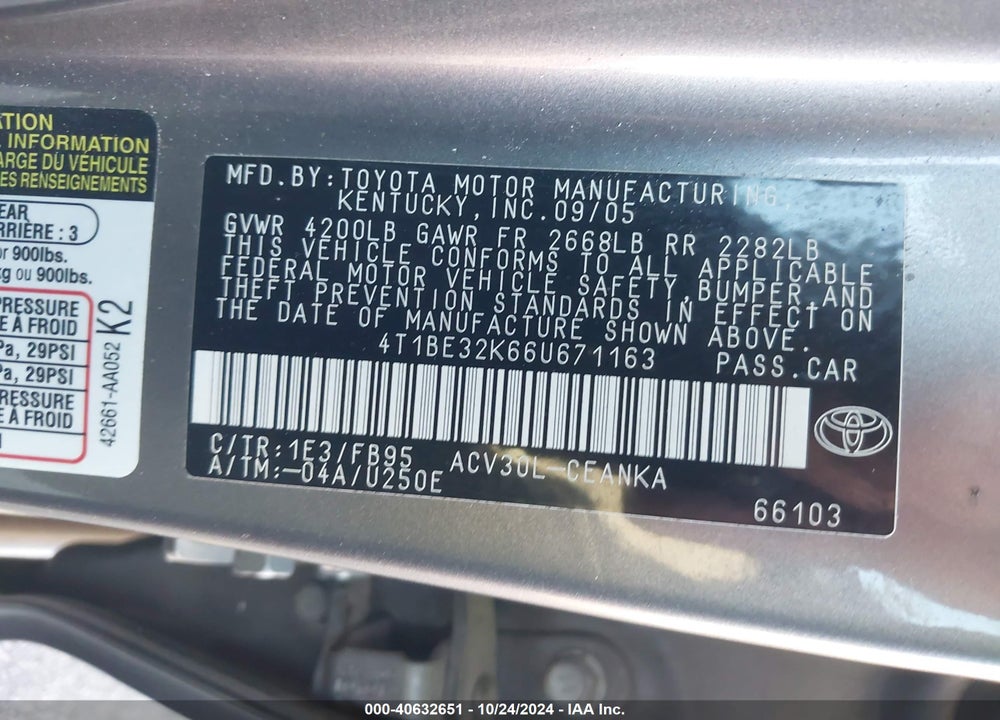 2006 TOYOTA CAMRY LE VIN: 4T1BE32K66U671163