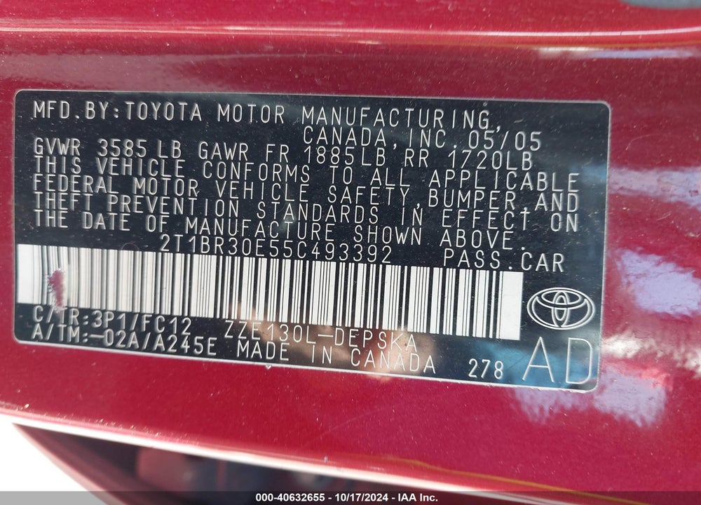 2005 TOYOTA COROLLA S VIN: 2T1BR30E55C493392