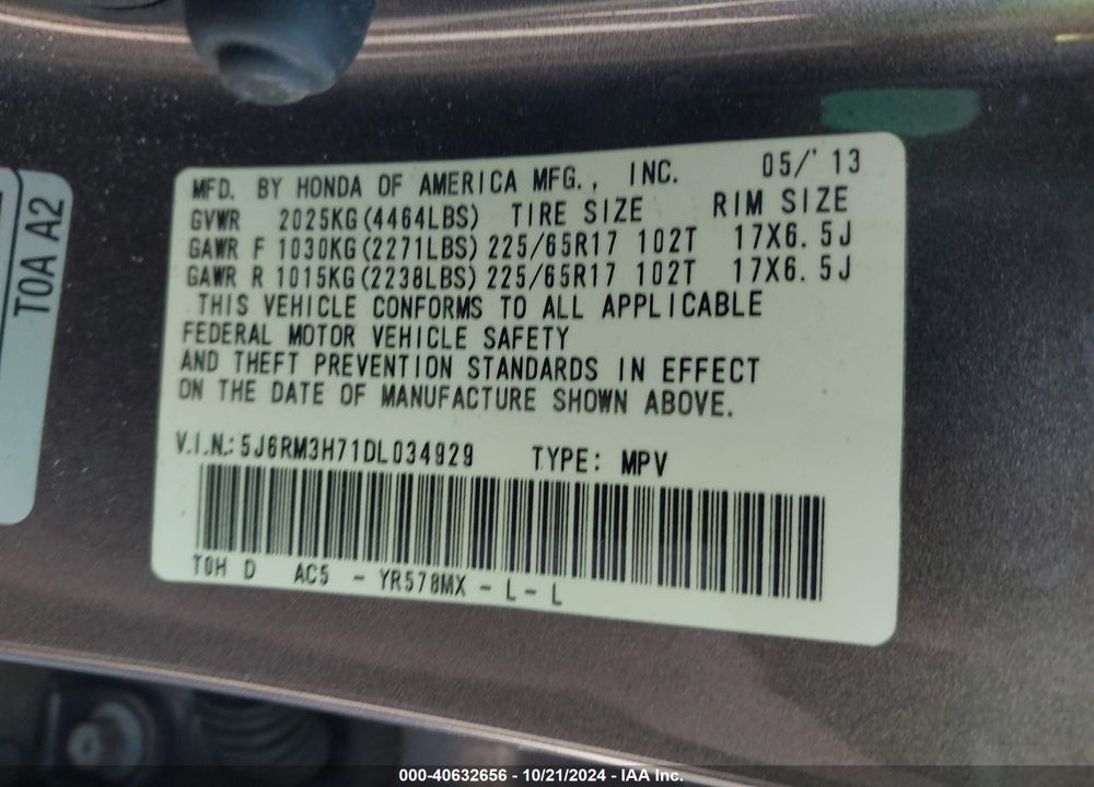 2013 HONDA CR-V EX-L VIN: 5J6RM3H71DL034929