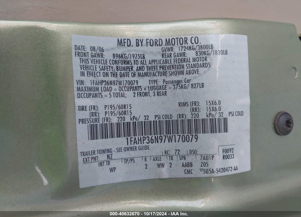 2007 FORD FOCUS SE/SES VIN: 1FAHP36N97W170079