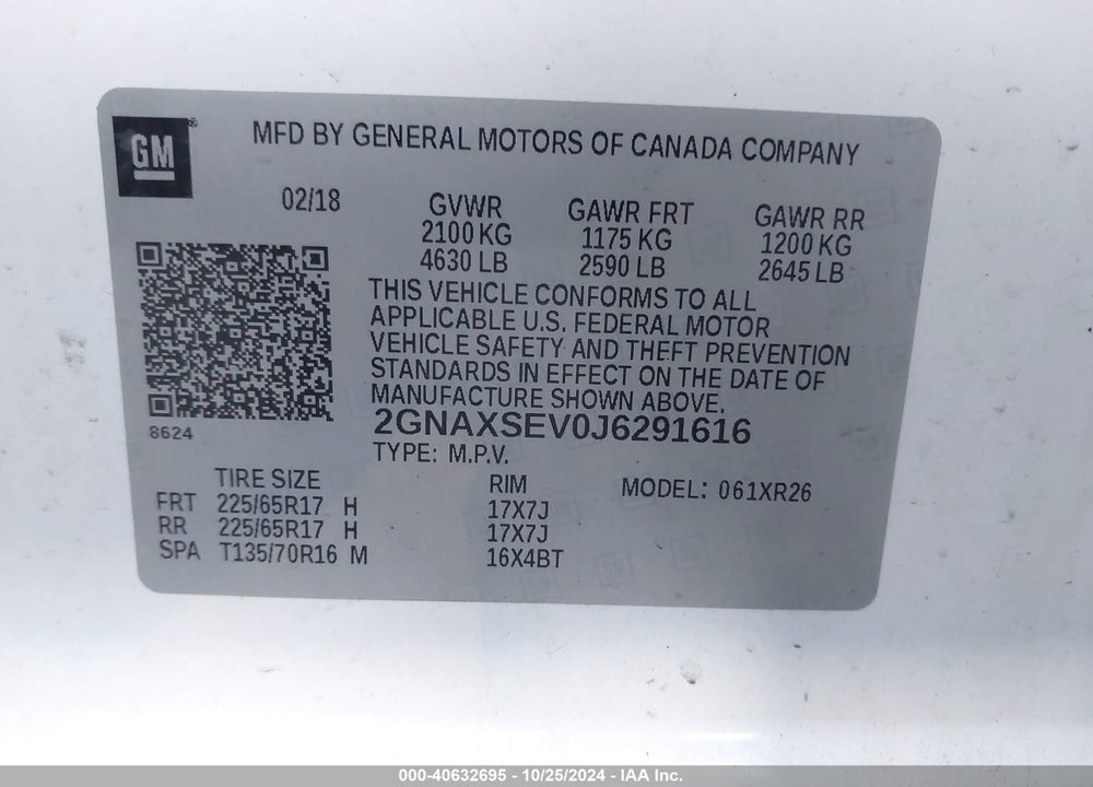 2018 CHEVROLET EQUINOX LT VIN: 2GNAXSEV0J6291616