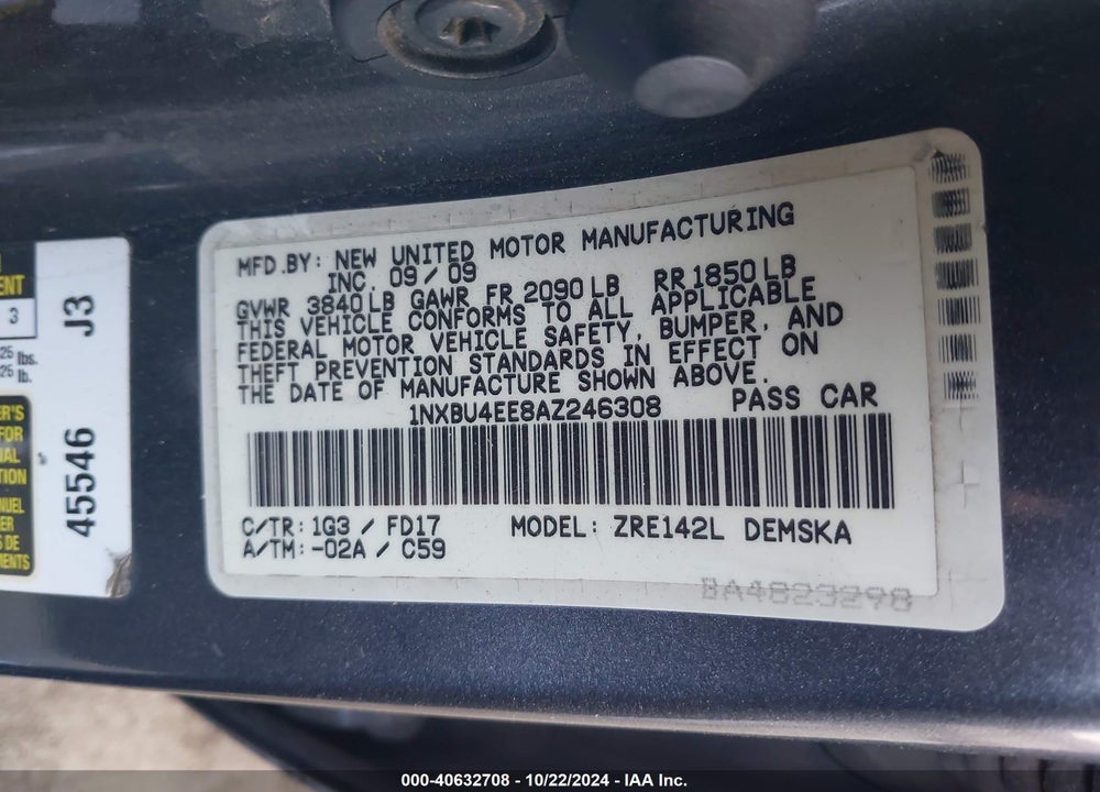 2010 TOYOTA COROLLA S VIN: 1NXBU4EE8AZ246308