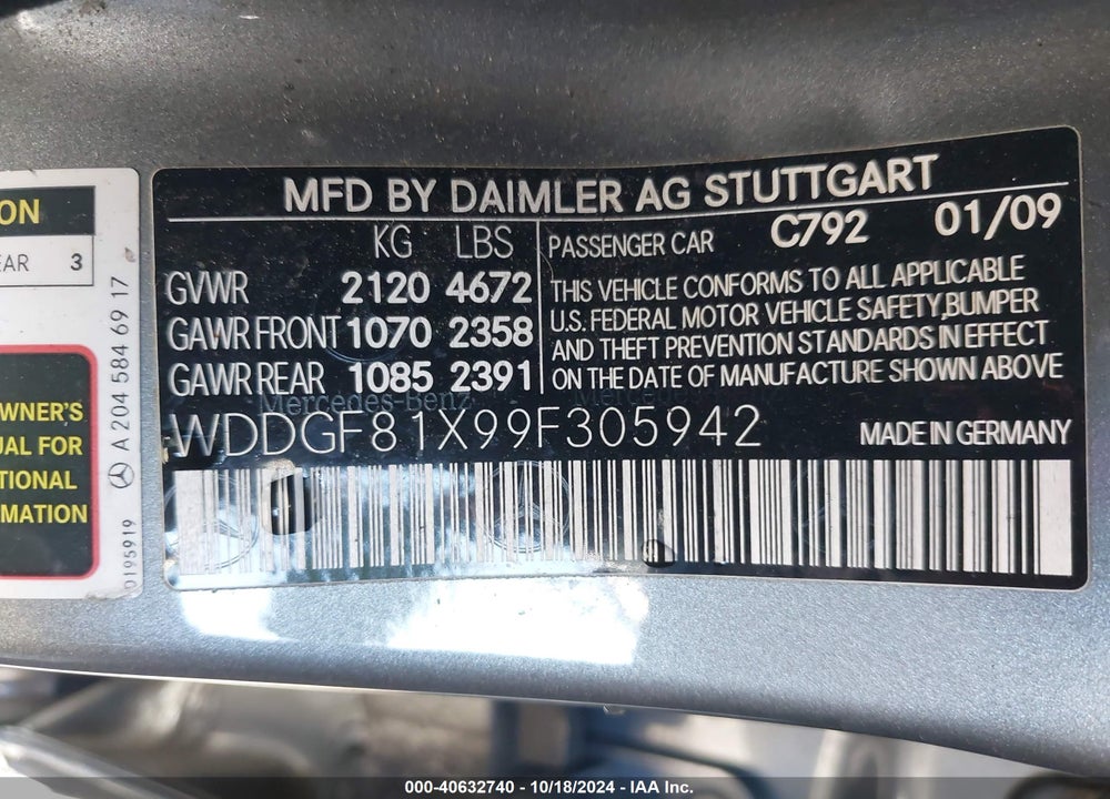 2009 MERCEDES-BENZ C 300 LUXURY 4MATIC/SPORT 4MATIC VIN: WDDGF81X99F305942