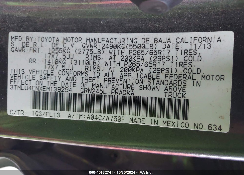 2014 TOYOTA TACOMA VIN: 3TMLU4ENXEM139294