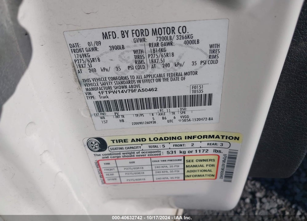 2009 FORD F-150 FX4/KING RANCH/LARIAT/PLATINUM/XL/XLT VIN: 1FTPW14V79FA50462