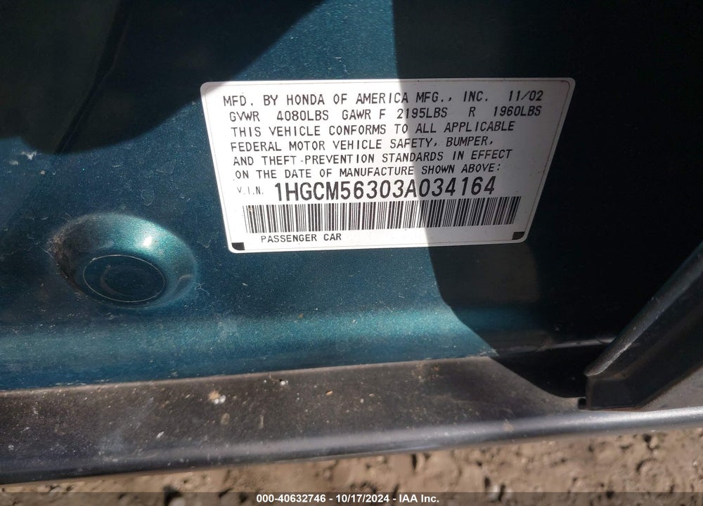 2003 HONDA ACCORD 2.4 LX VIN: 1HGCM56303A034164