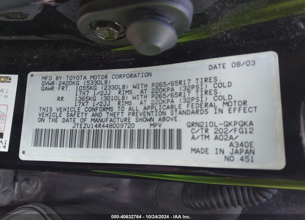 2004 TOYOTA 4RUNNER SR5 V6 VIN: JTEZU14R448009720