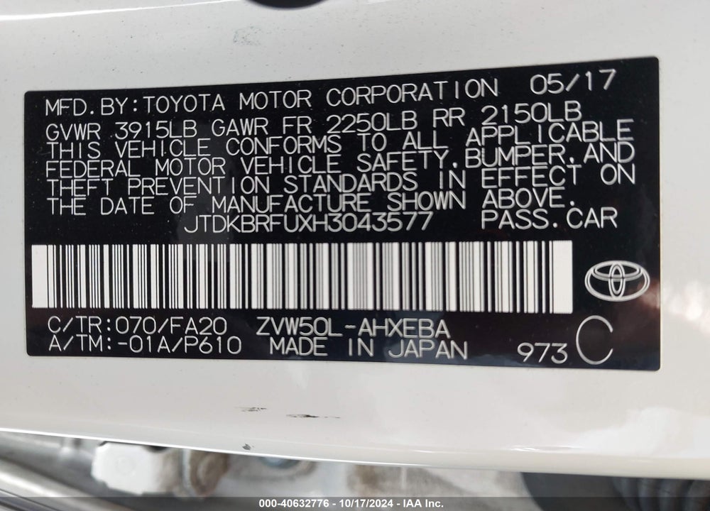 2017 TOYOTA PRIUS TWO VIN: JTDKBRFUXH3043577
