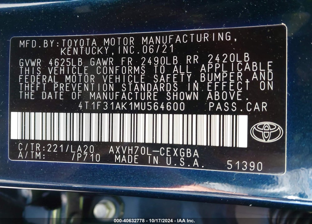 2021 TOYOTA CAMRY XLE HYBRID VIN: 4T1F31AK1MU564600