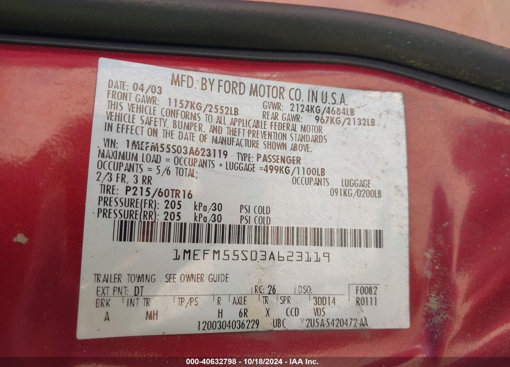 2003 MERCURY SABLE VIN: 1MEFM55S03A623119