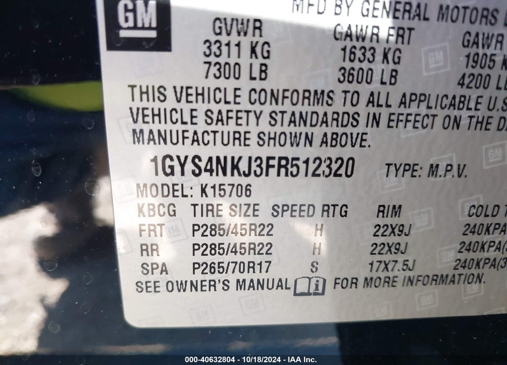 2015 CADILLAC ESCALADE PREMIUM VIN: 1GYS4NKJ3FR512320