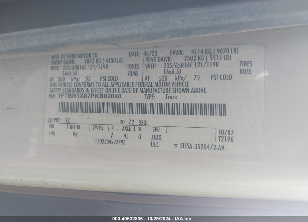 2023 FORD TRANSIT-250 CARGO VAN VIN: 1FTBR1X87PKB02040