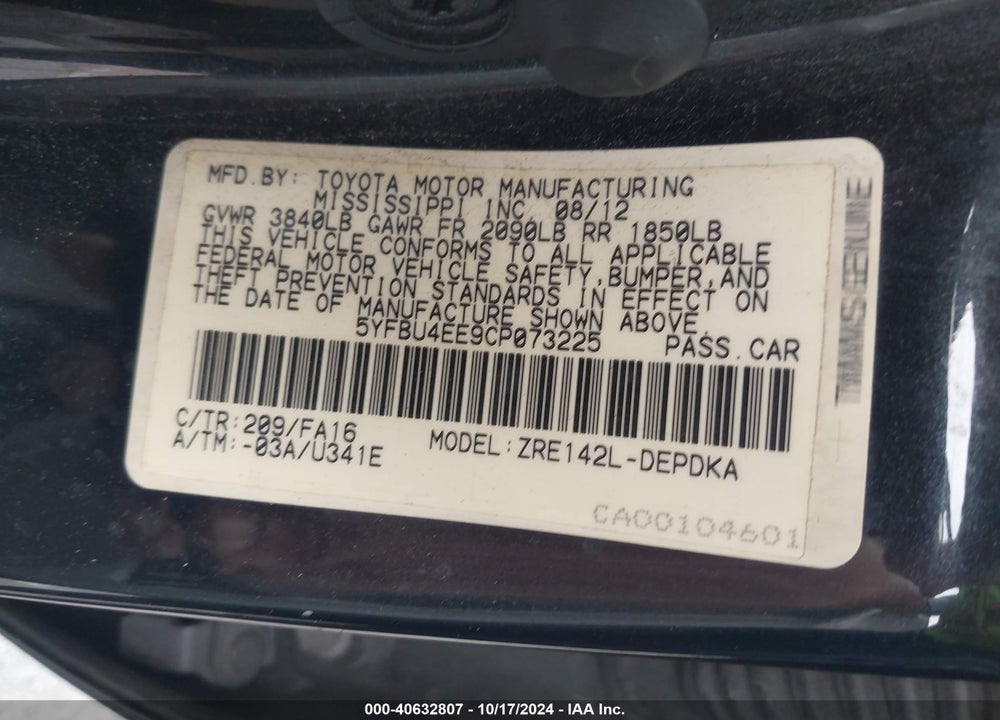 2012 TOYOTA COROLLA L VIN: 5YFBU4EE9CP073225