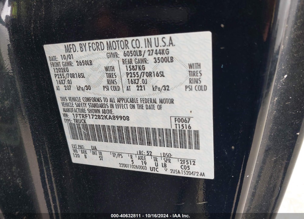 2002 FORD F-150 XL/XLT VIN: 1FTRF17282KA89908