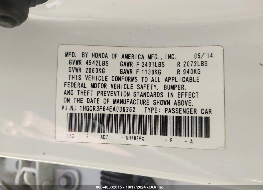 2014 HONDA ACCORD EX-L V-6 VIN: 1HGCR3F84EA036262