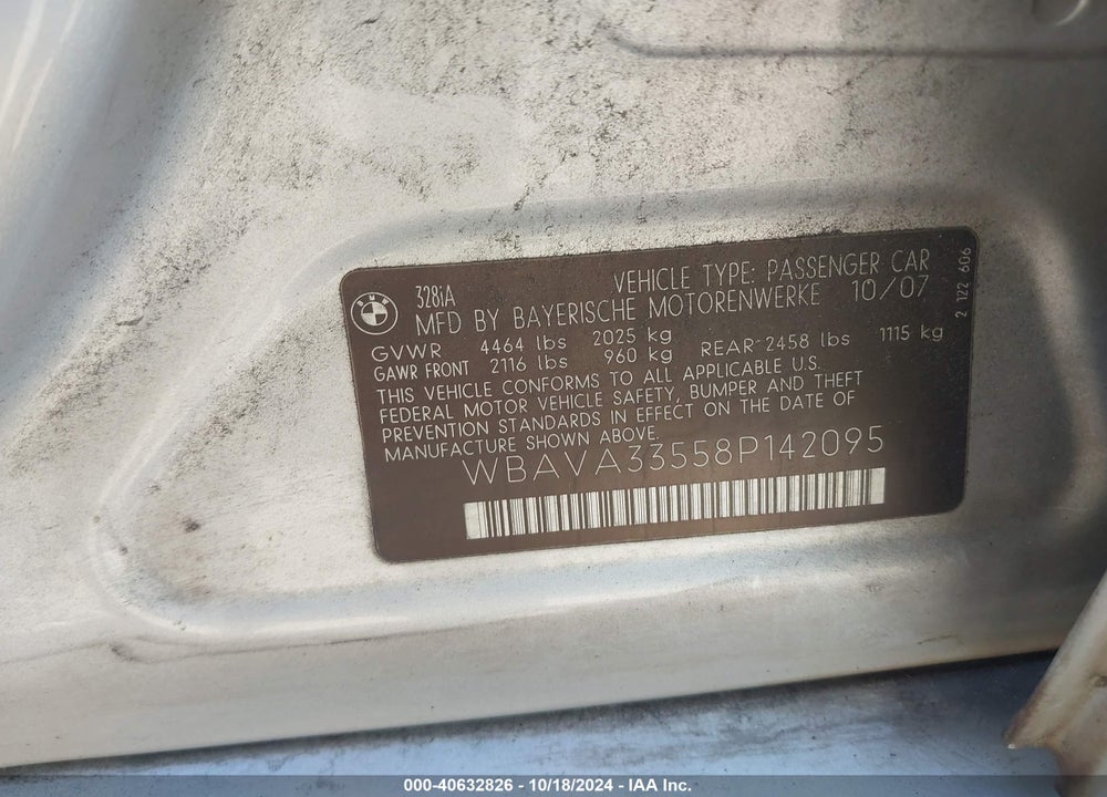 2008 BMW 328I VIN: WBAVA33558P142095