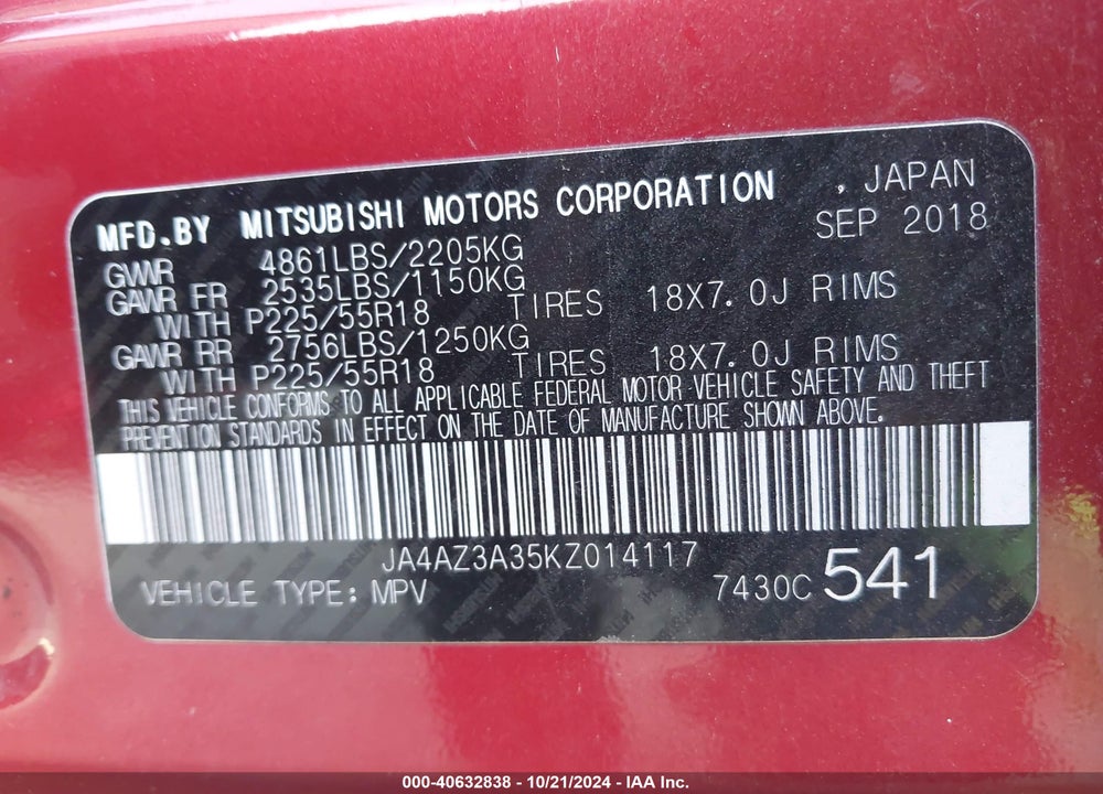 2019 MITSUBISHI OUTLANDER SEL VIN: JA4AZ3A35KZ014117