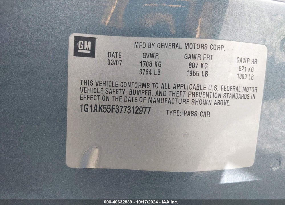 2007 CHEVROLET COBALT LS VIN: 1G1AK55F377312977