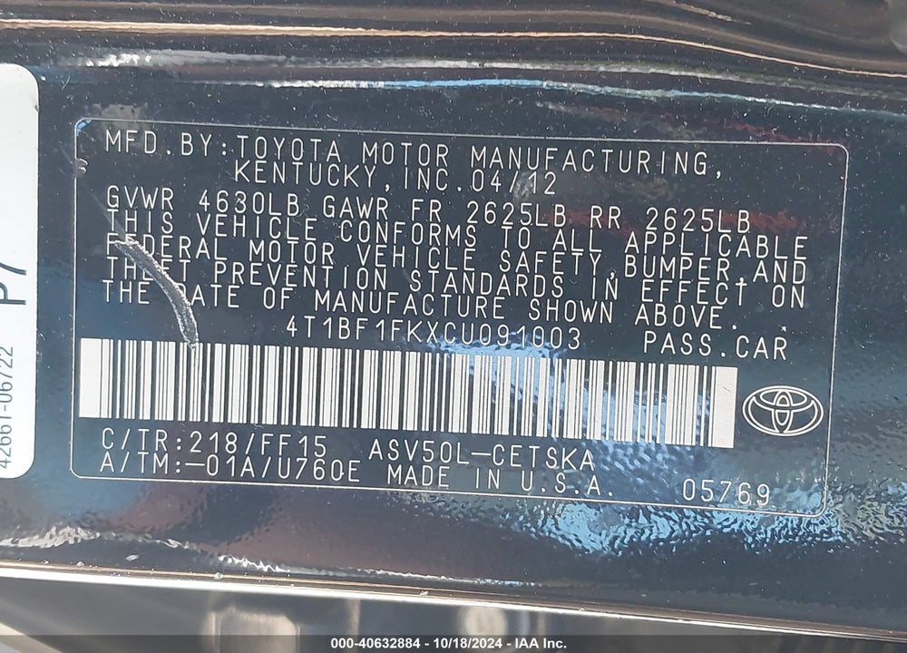2012 TOYOTA CAMRY SE VIN: 4T1BF1FKXCU091003