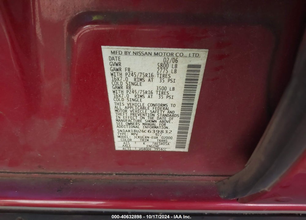 2006 NISSAN PATHFINDER S VIN: 5N1AR18U26C639832