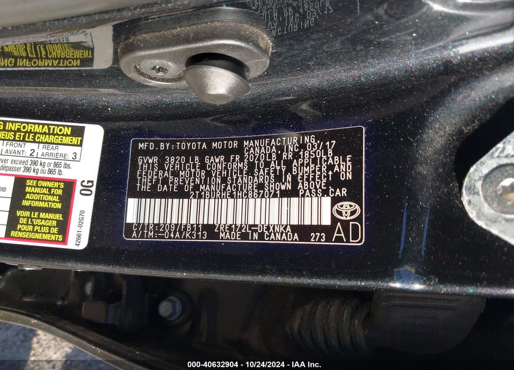 2017 TOYOTA COROLLA LE VIN: 2T1BURHE1HC867071