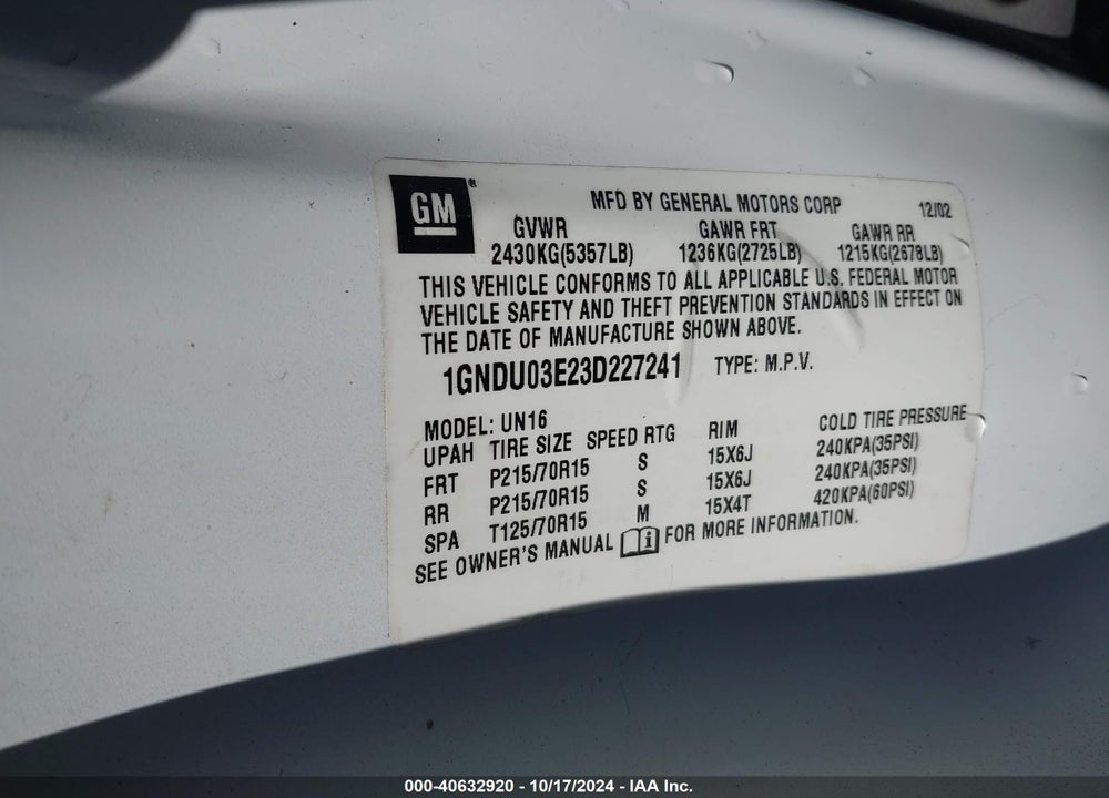 2003 CHEVROLET VENTURE LS VIN: 1GNDU03E23D227241