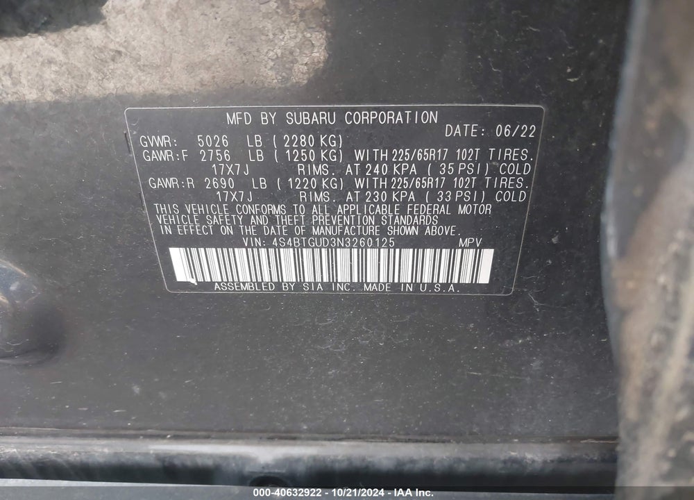 2022 SUBARU OUTBACK WILDERNESS VIN: 4S4BTGUD3N3260125