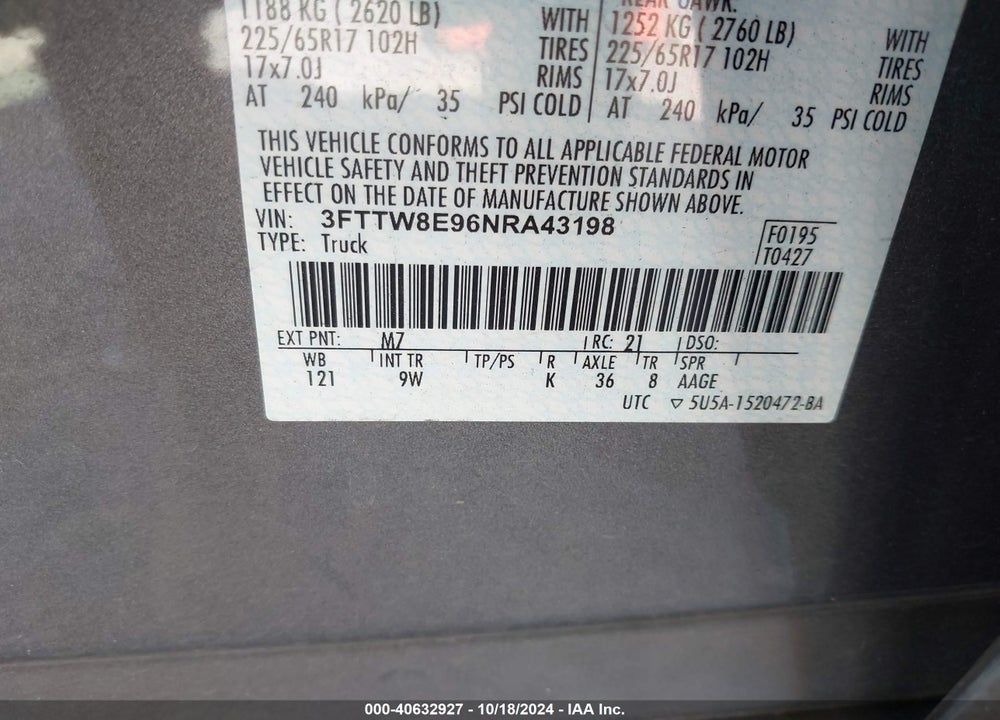 2022 FORD MAVERICK XL VIN: 3FTTW8E96NRA43198
