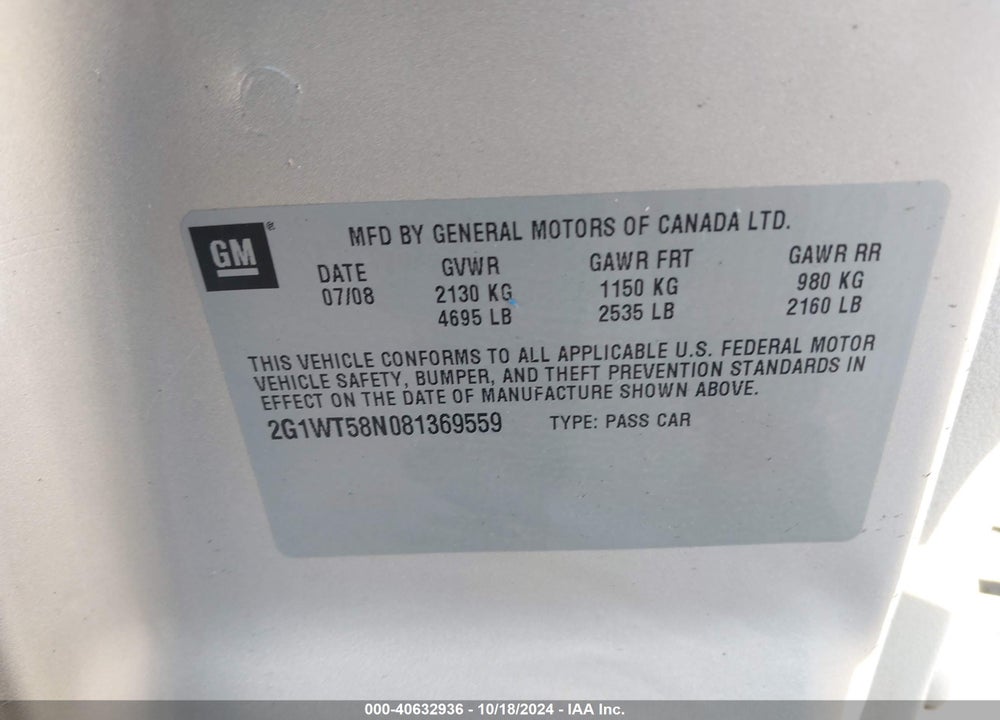 2008 CHEVROLET IMPALA LT VIN: 2G1WT58N081369559