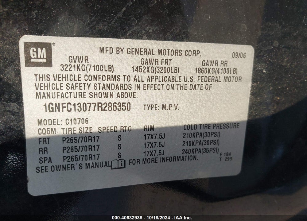 2007 CHEVROLET TAHOE LS VIN: 1GNFC13077R286350