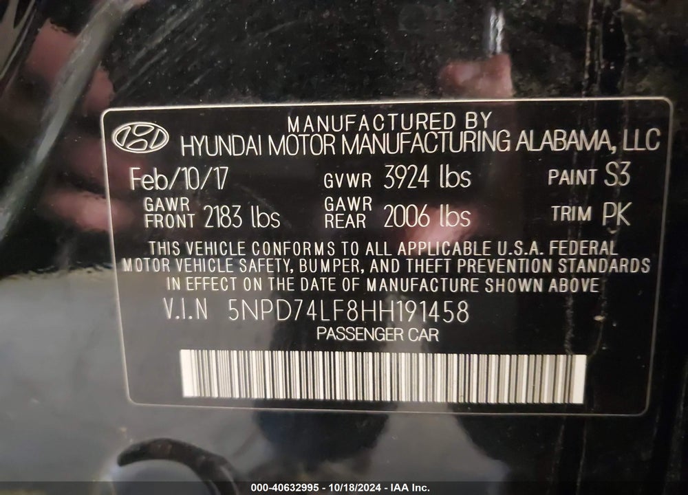 2017 HYUNDAI ELANTRA SE VIN: 5NPD74LF8HH191458