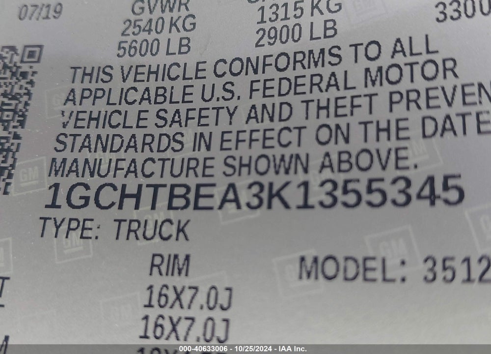 2019 CHEVROLET COLORADO WT VIN: 1GCHTBEA3K1355345